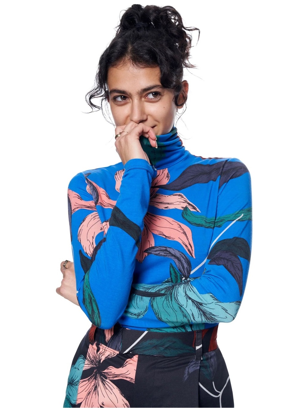 The Kit Turtleneck Azure Upstate Florals Blue Size XL Stretch Bamboo EUC